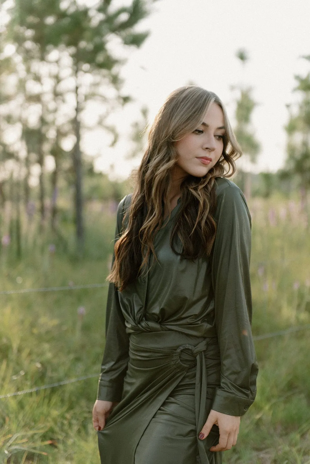 Olive Shimmer Set Button Down Top