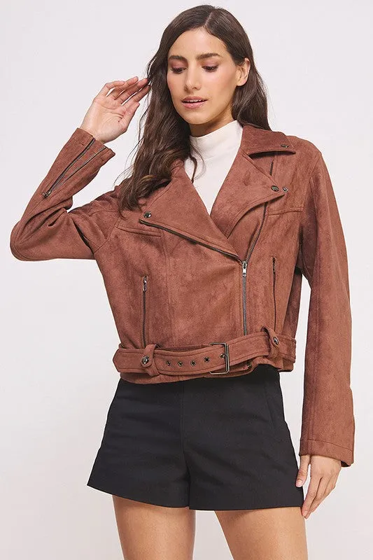 PLUS Size BELTED LONG SLEEVE ZIPPERED SUEDE MOTO JACKET  - Online Exclusive