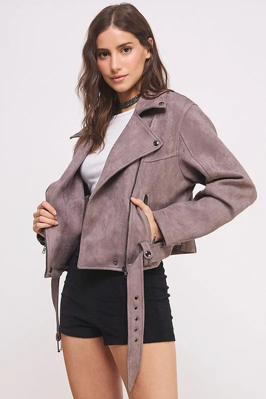 PLUS Size BELTED LONG SLEEVE ZIPPERED SUEDE MOTO JACKET  - Online Exclusive