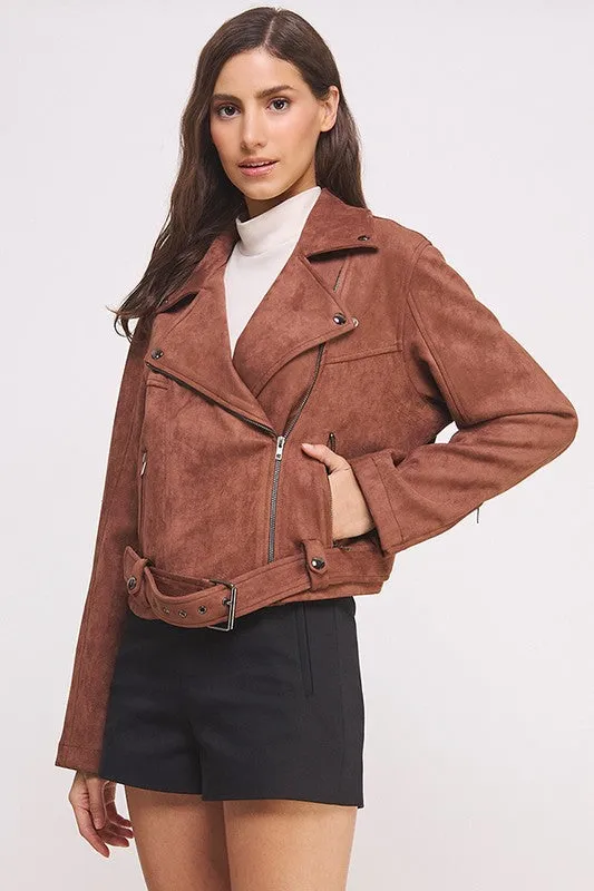 PLUS Size BELTED LONG SLEEVE ZIPPERED SUEDE MOTO JACKET  - Online Exclusive