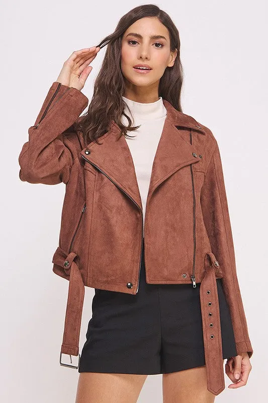 PLUS Size BELTED LONG SLEEVE ZIPPERED SUEDE MOTO JACKET  - Online Exclusive