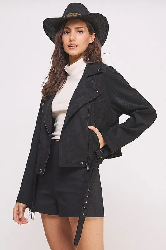 PLUS Size BELTED LONG SLEEVE ZIPPERED SUEDE MOTO JACKET  - Online Exclusive