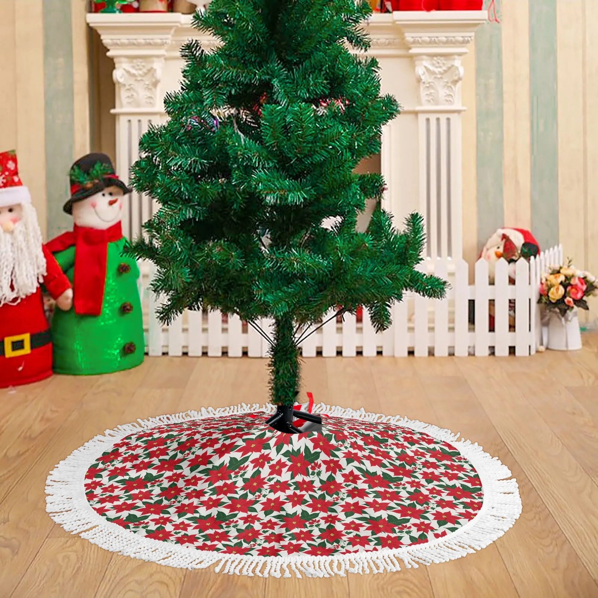 Poinsettia Floral Fringed Christmas Tree Skirts