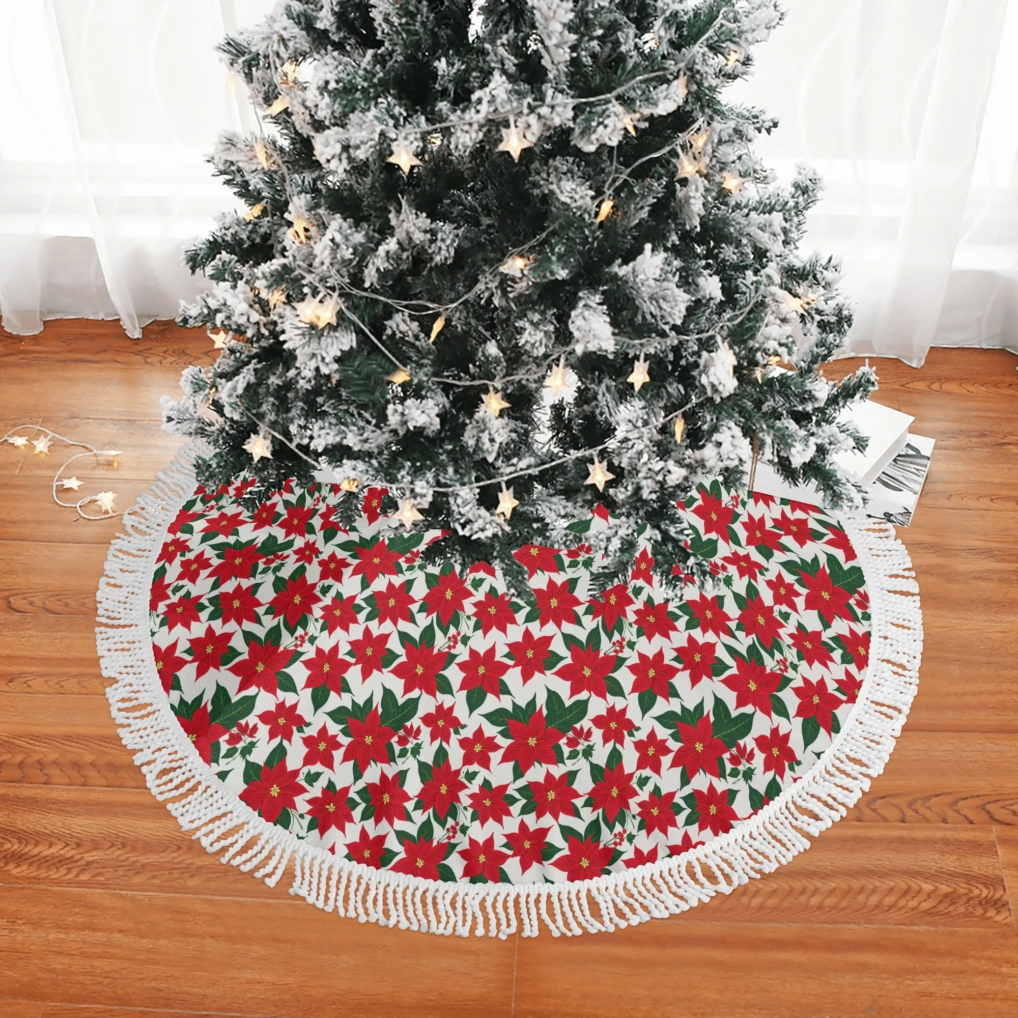 Poinsettia Floral Fringed Christmas Tree Skirts