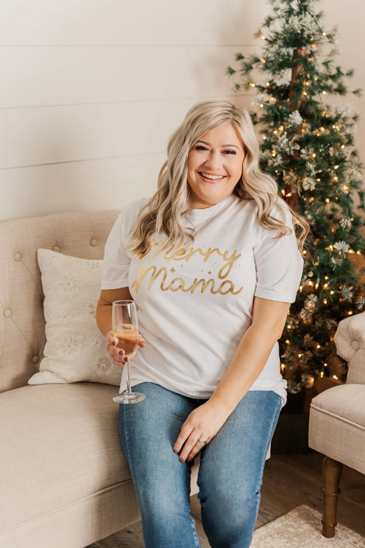 "Merry Mama" Shimmery Graphic Tee- Ivory