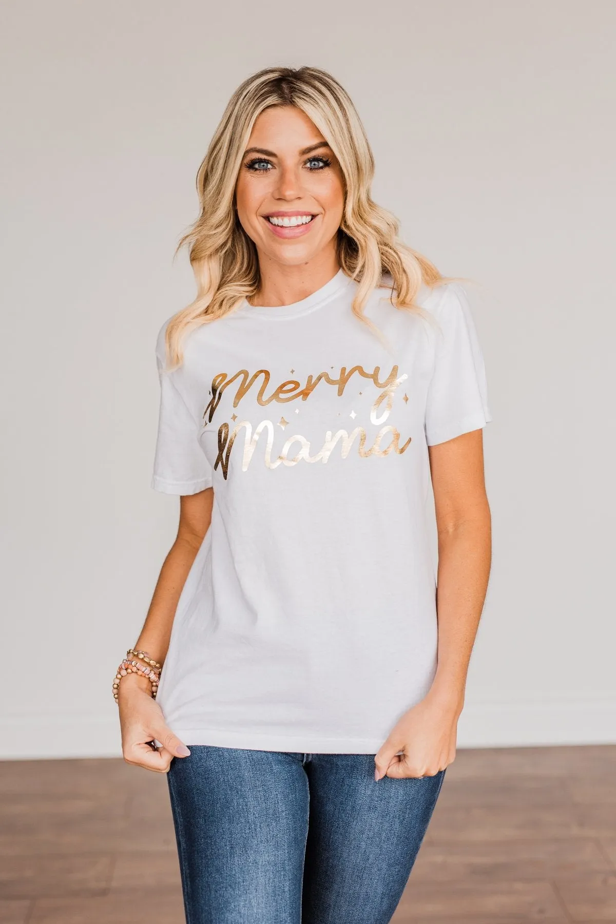 "Merry Mama" Shimmery Graphic Tee- Ivory