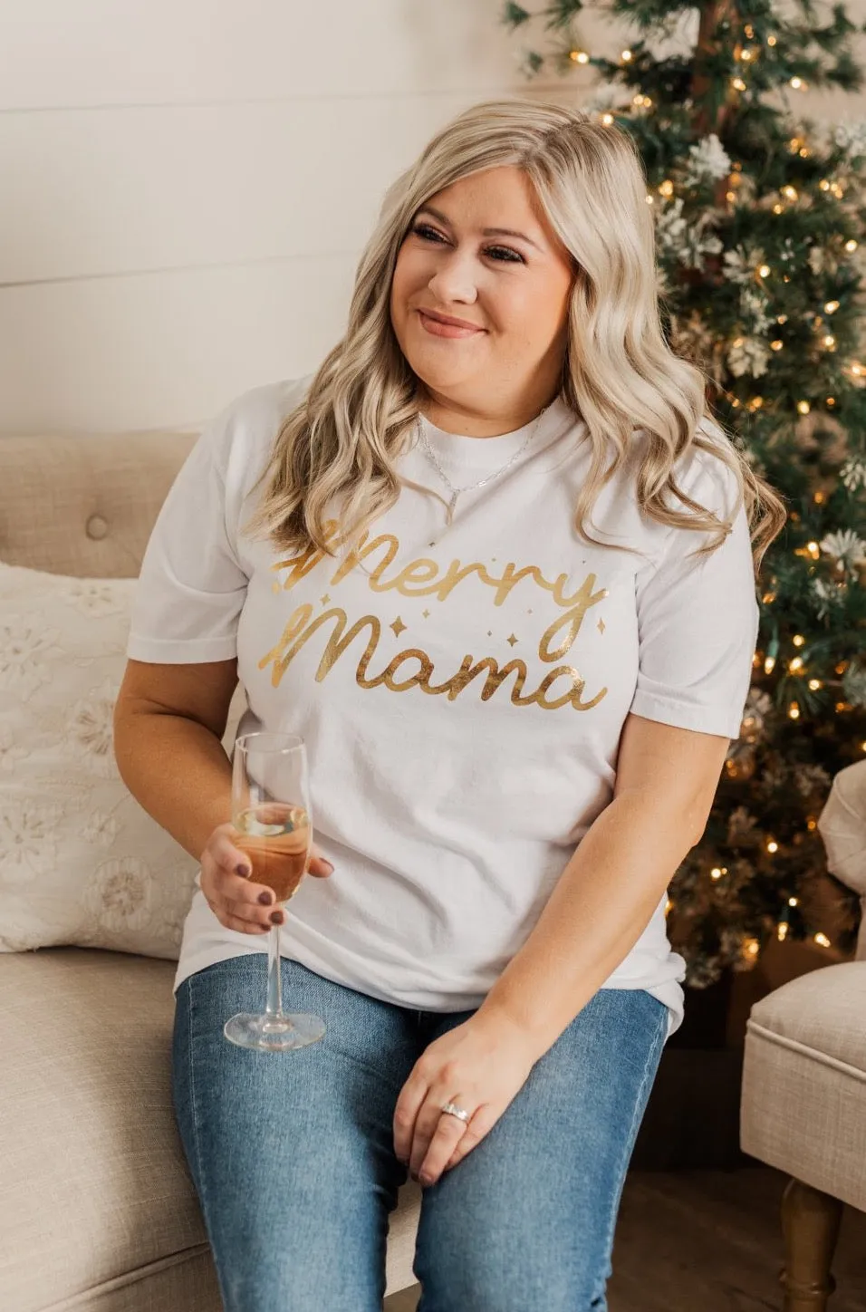 "Merry Mama" Shimmery Graphic Tee- Ivory