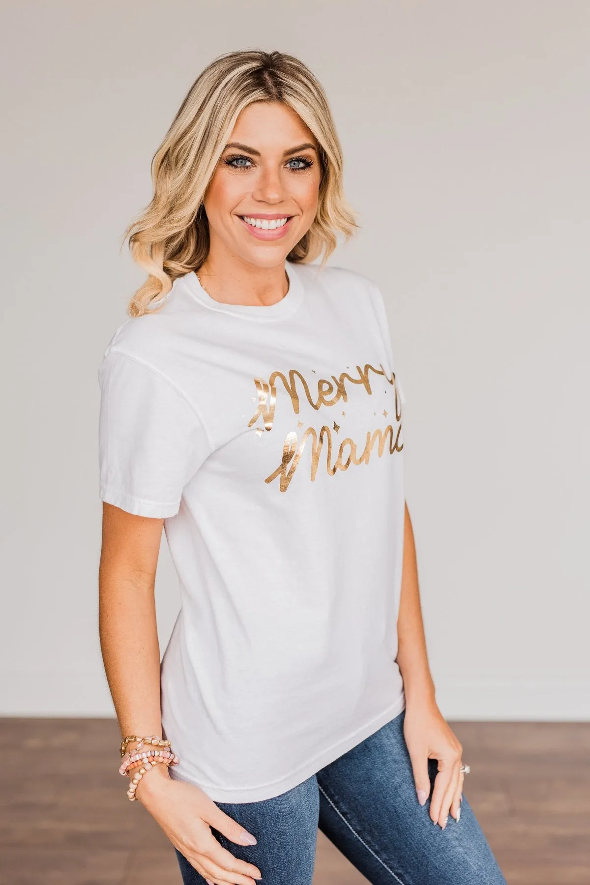 "Merry Mama" Shimmery Graphic Tee- Ivory