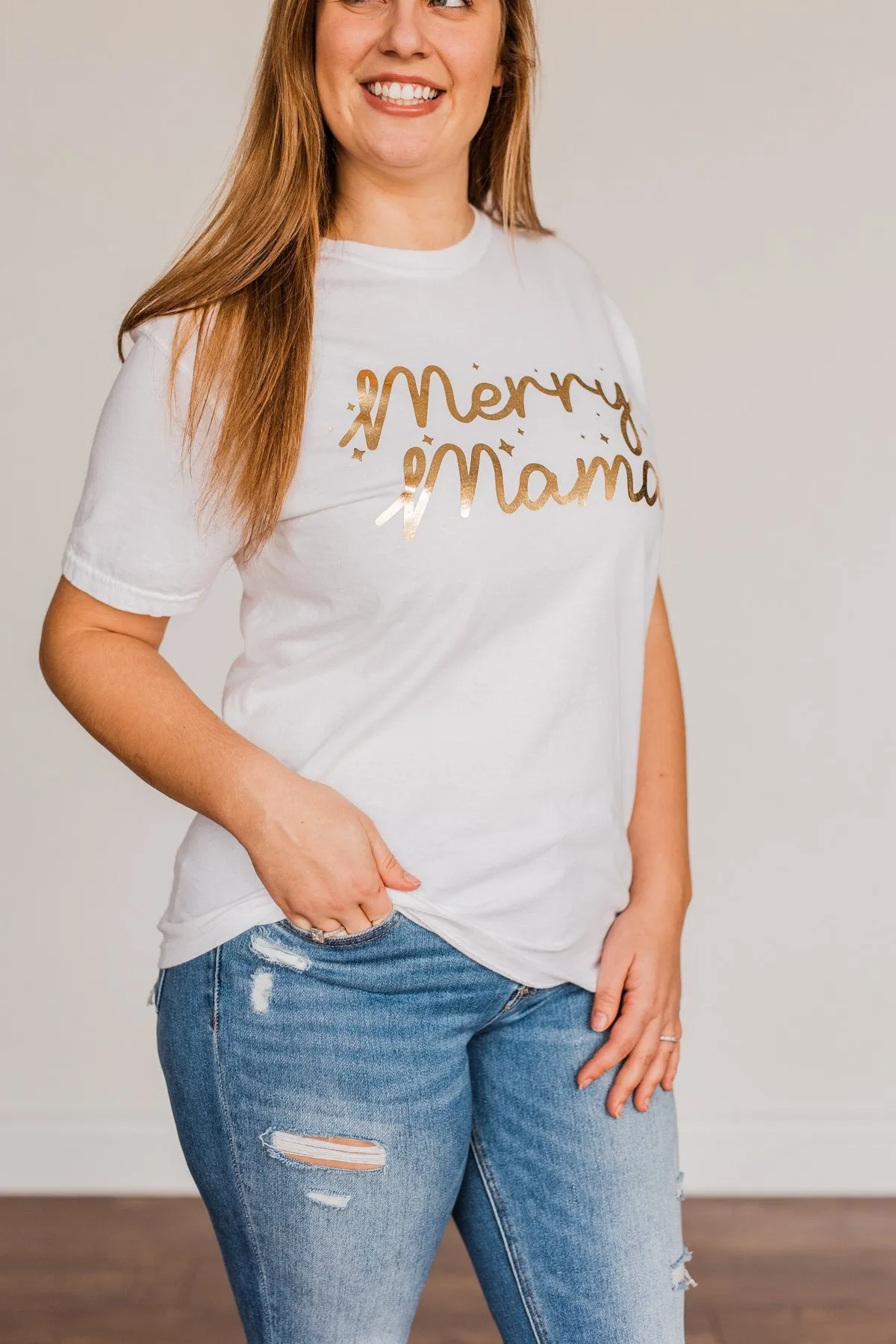 "Merry Mama" Shimmery Graphic Tee- Ivory