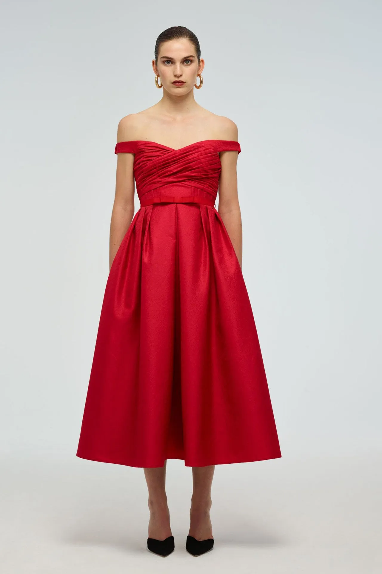 Red Textured Off-Shoulder Midi Dress