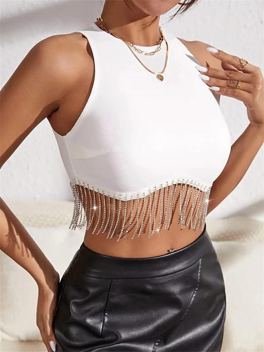 Rhinestone Tasseled Crop Tops