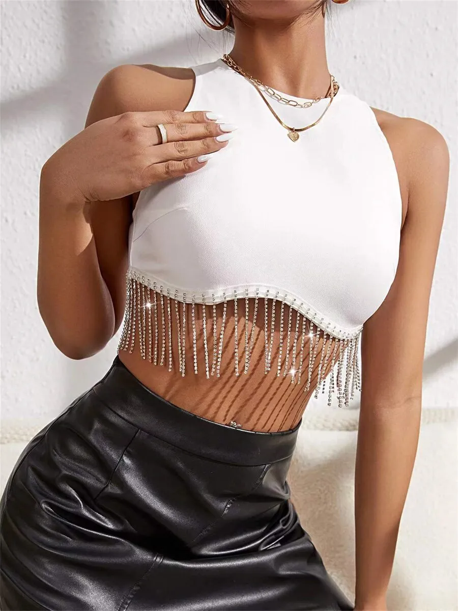 Rhinestone Tasseled Crop Tops