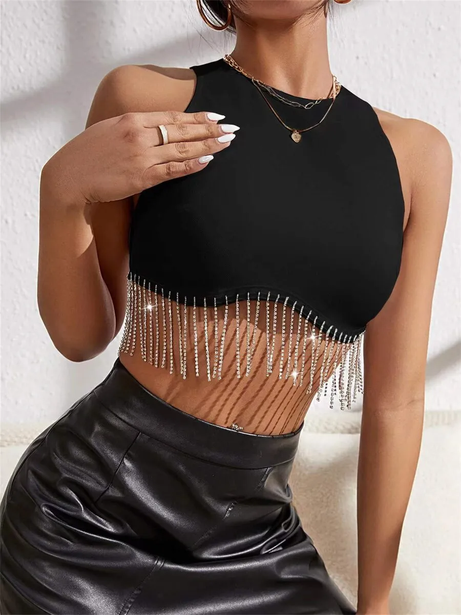 Rhinestone Tasseled Crop Tops