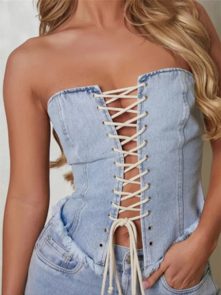 Sexy Bustiers Corsets Summer Party Clubwear Women Strapless Off Shoulder Criss-cross Tie-up Irregular Hem Vests Crop Top