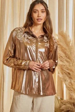 Shimmery Bronze Metallic Button Down Top