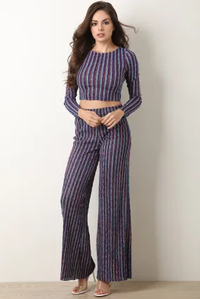 Shimmery Striped Crop Top with Palazzo Pants Set