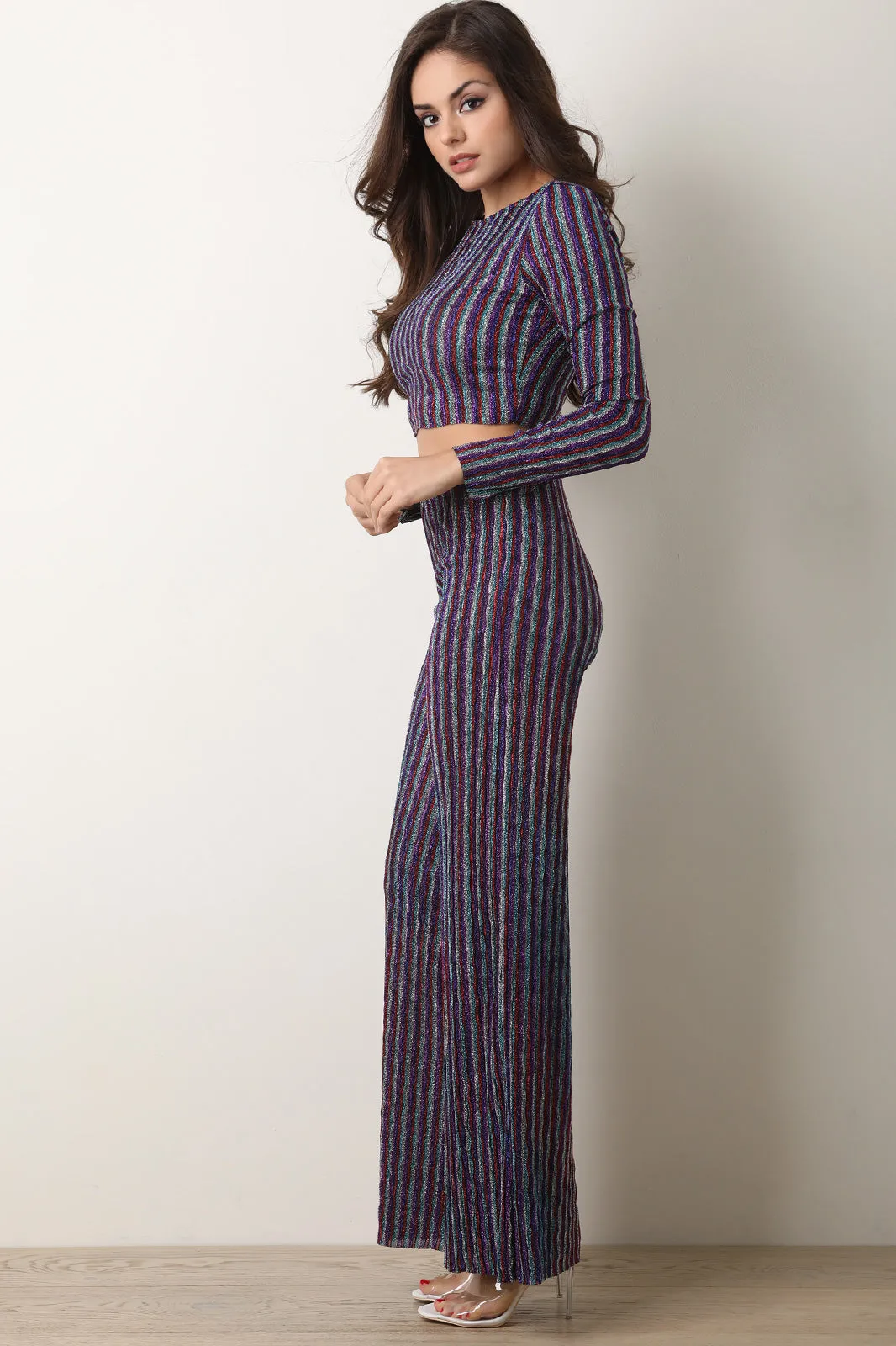 Shimmery Striped Crop Top with Palazzo Pants Set