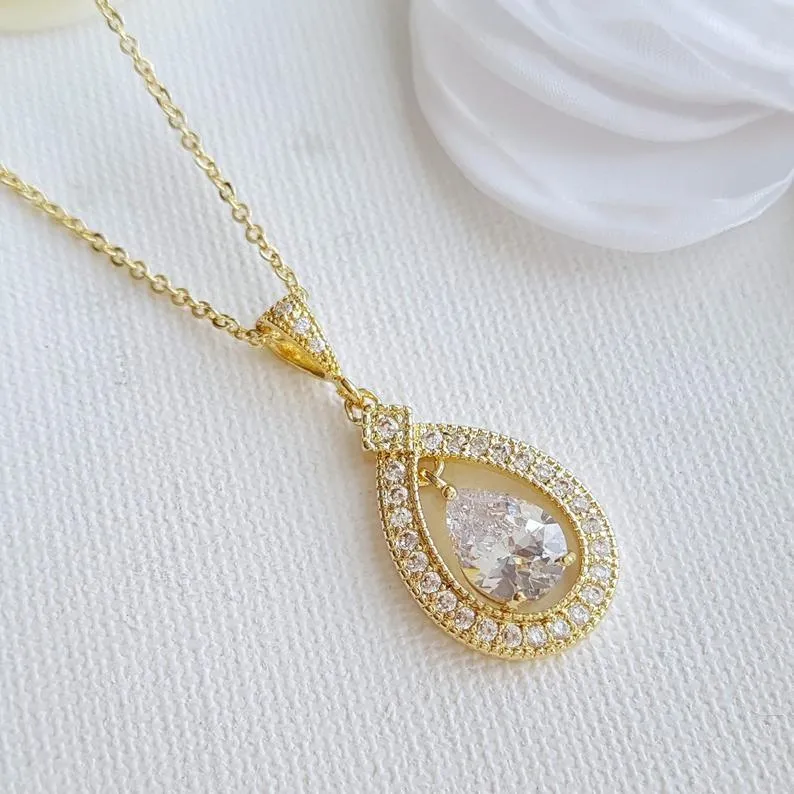 Silver Plated Teardrop Cubic Zirconia Crystal Necklace for Wedding- Sarah