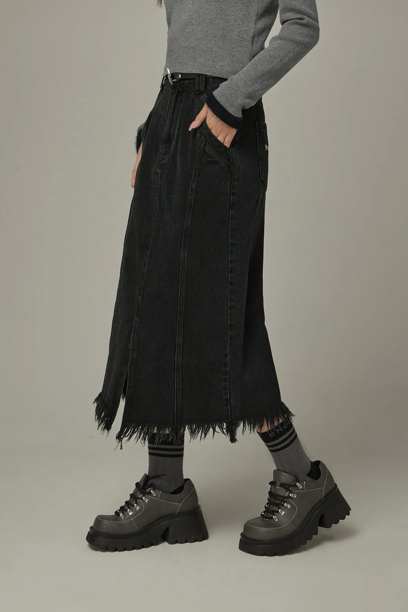 Slit Fringed Hem Long Skirt