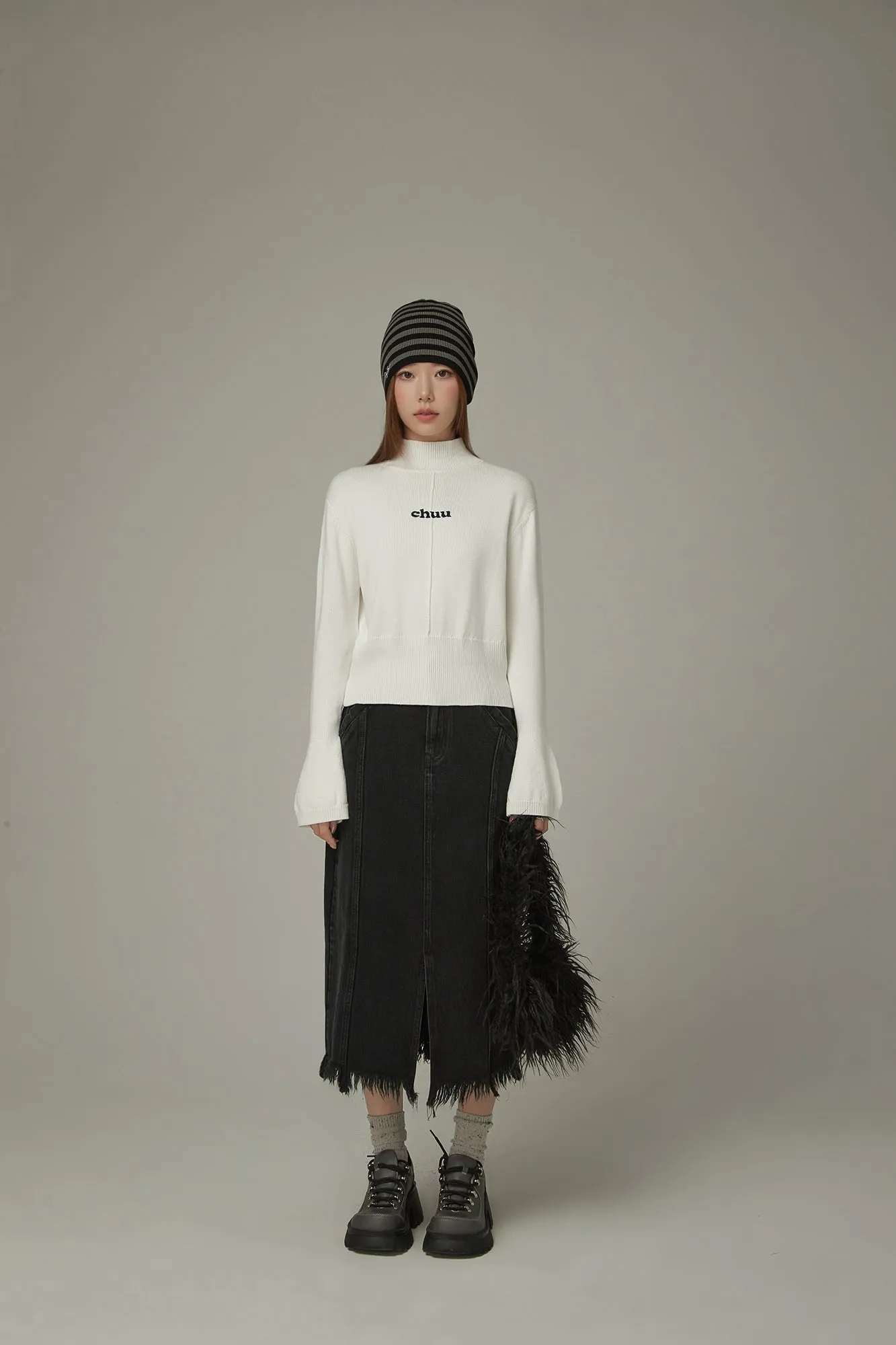 Slit Fringed Hem Long Skirt