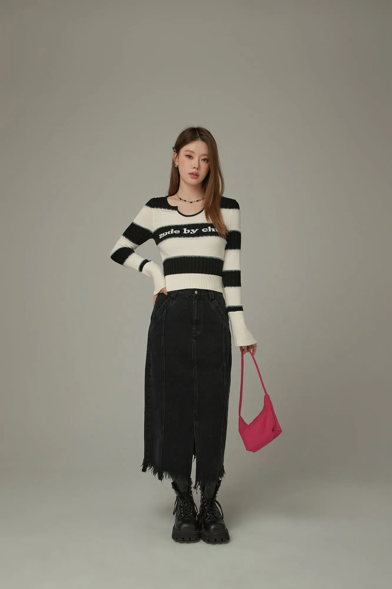 Slit Fringed Hem Long Skirt