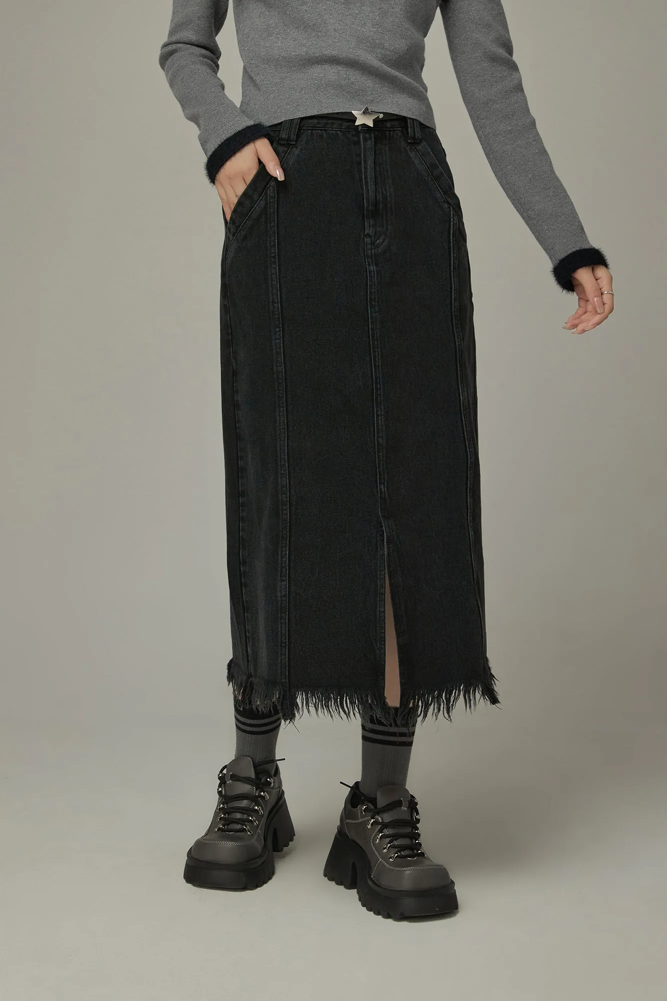 Slit Fringed Hem Long Skirt