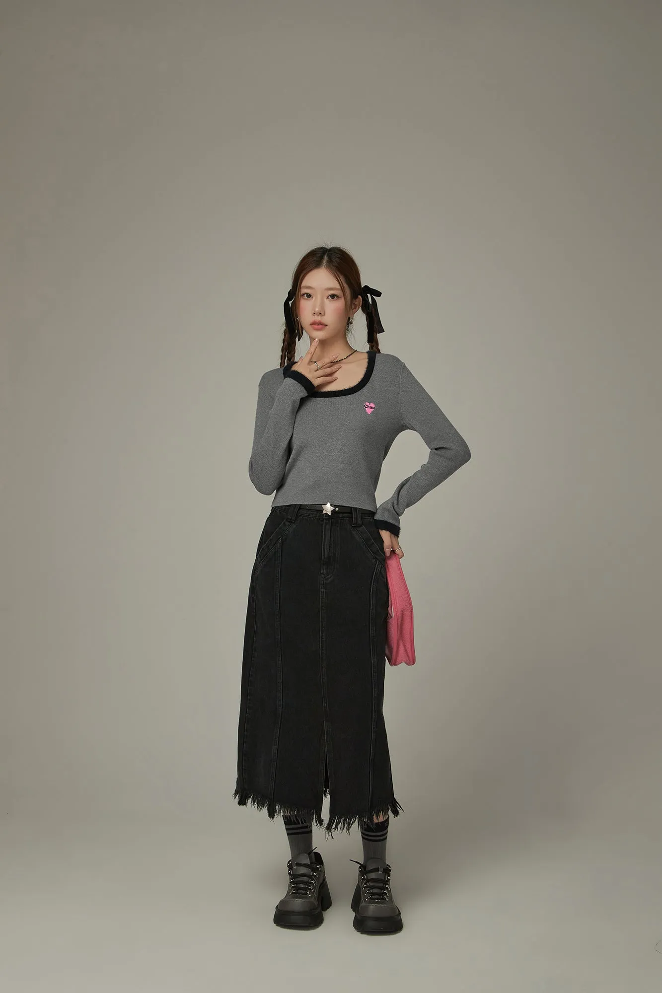 Slit Fringed Hem Long Skirt