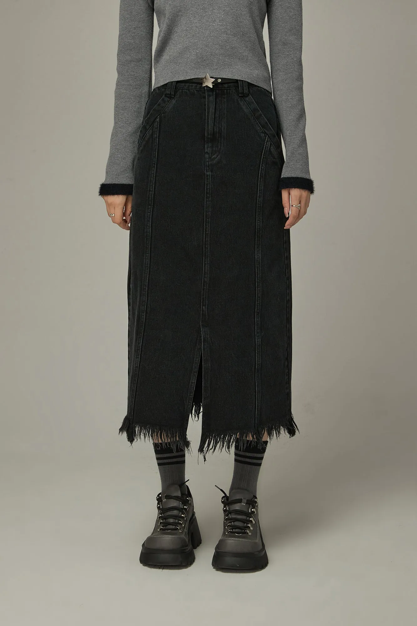 Slit Fringed Hem Long Skirt