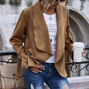 solid color lapel suede long sleeve jacket