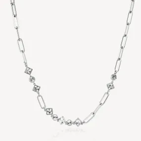 Stainless Steel Oval Link Chain with Asymmetrical Crystal Stations Necklace