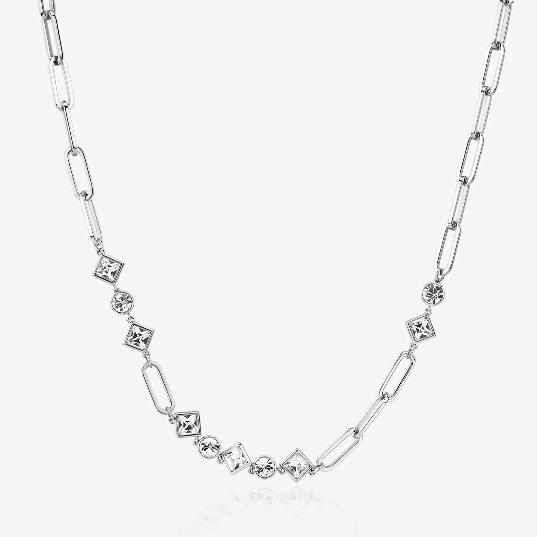 Stainless Steel Oval Link Chain with Asymmetrical Crystal Stations Necklace