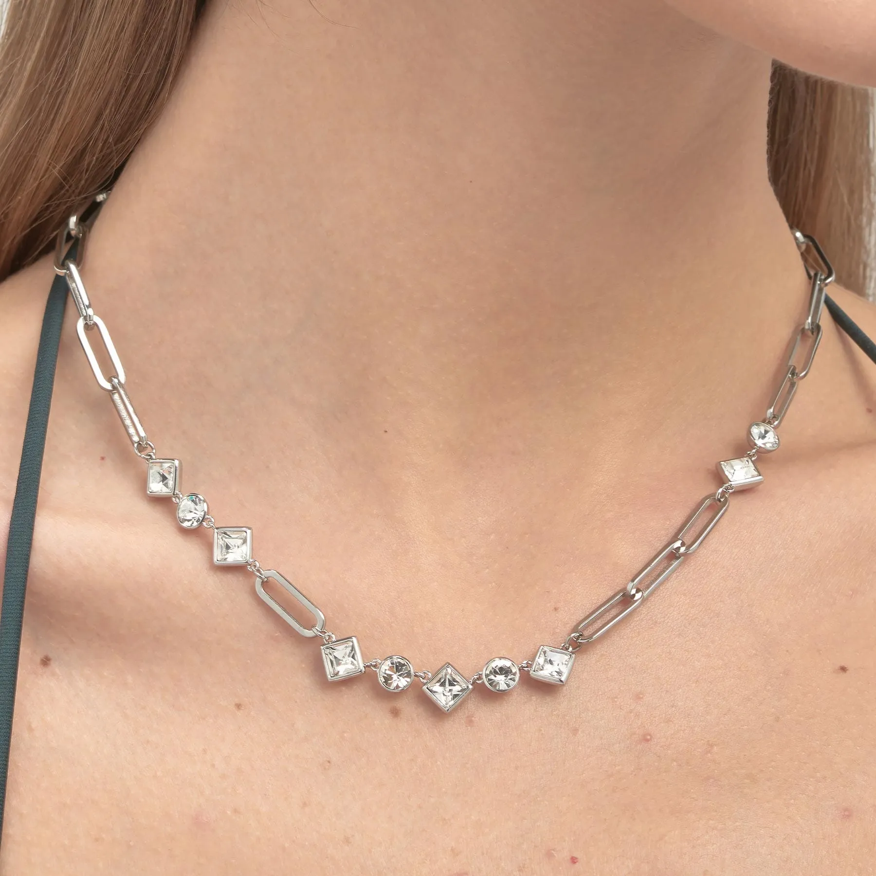 Stainless Steel Oval Link Chain with Asymmetrical Crystal Stations Necklace