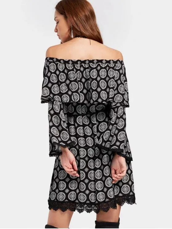 TastyHottie - Trendy Off Shoulder Flare Sleeve Printed Belted Dress