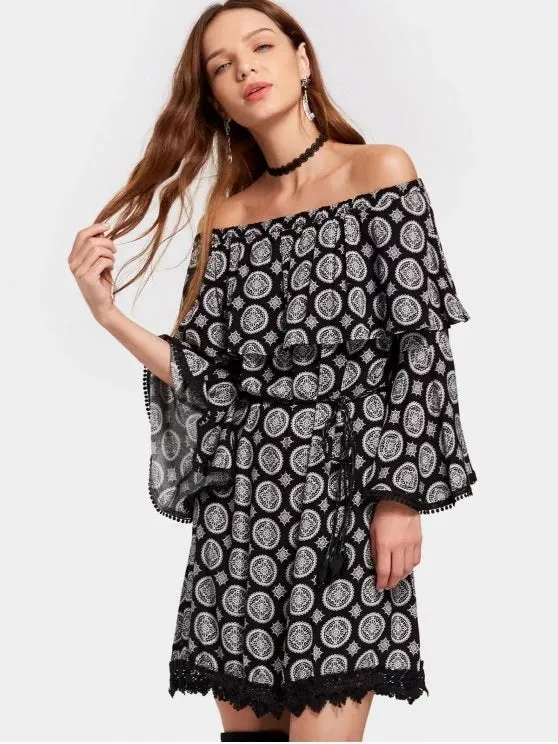 TastyHottie - Trendy Off Shoulder Flare Sleeve Printed Belted Dress