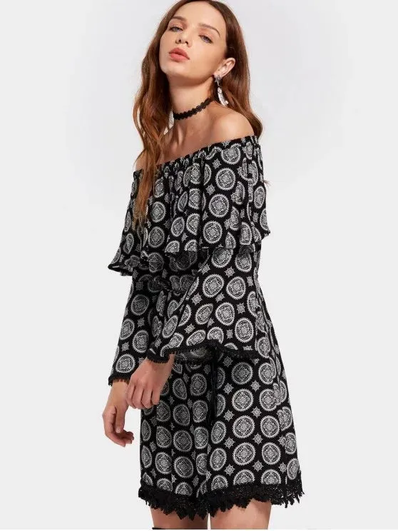 TastyHottie - Trendy Off Shoulder Flare Sleeve Printed Belted Dress