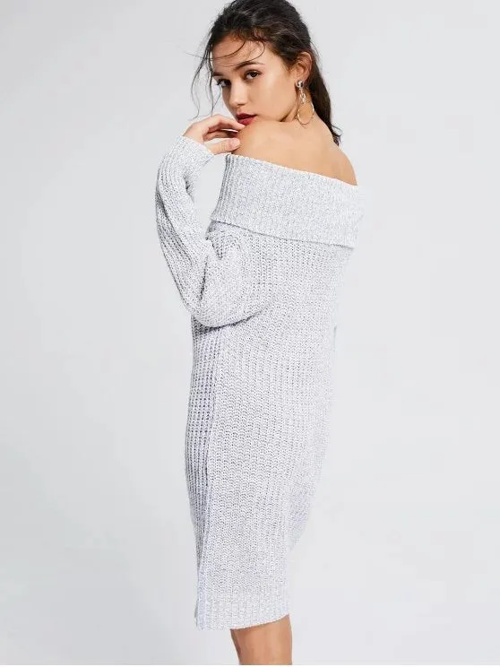 TastyHottie - Trendy Off The Shoulder SweaterLight Gray  Dress