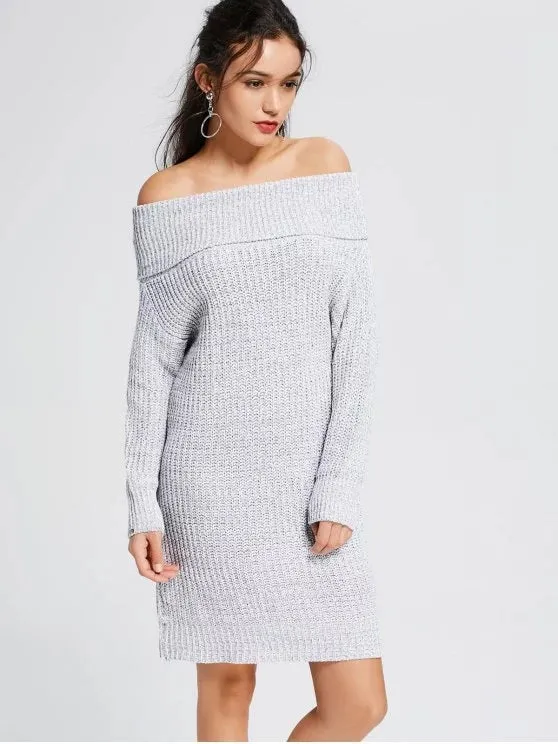 TastyHottie - Trendy Off The Shoulder SweaterLight Gray  Dress