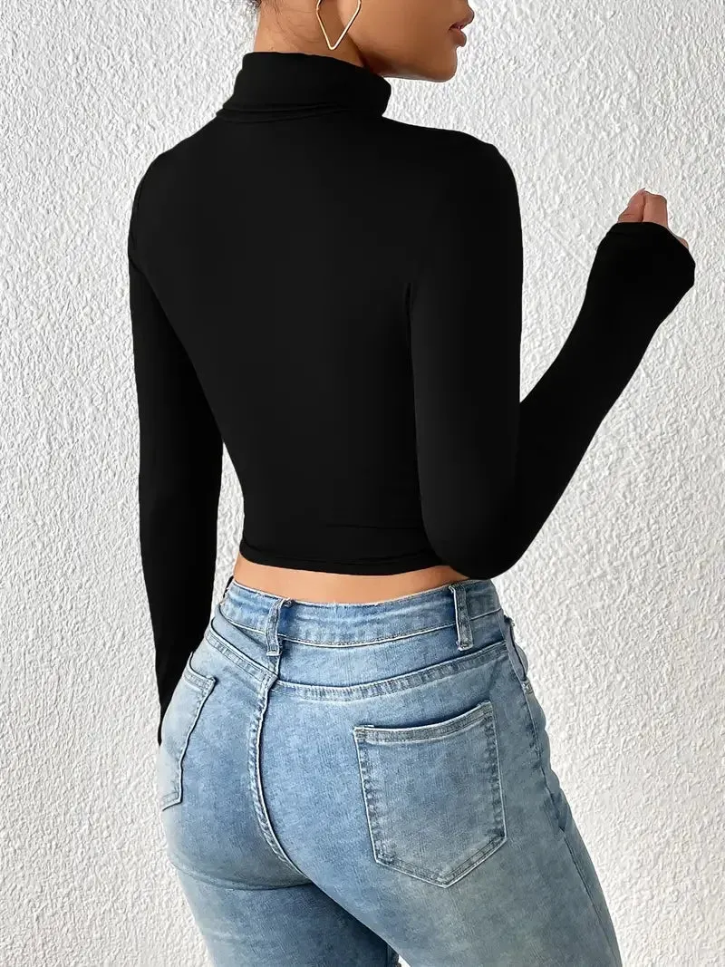 Turtle Neck Long Sleeve Solid Crop Top