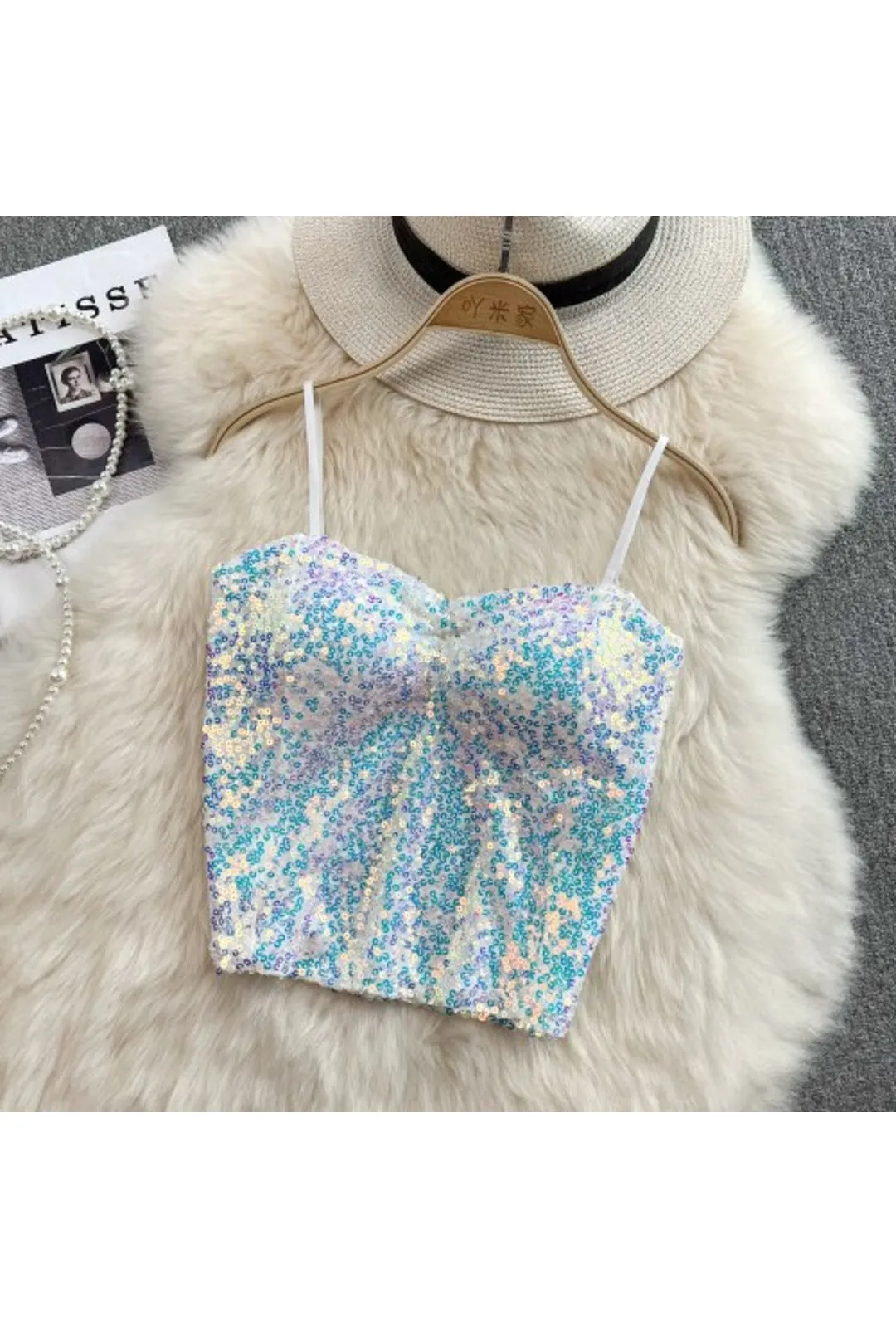 White Iridescent Sequin Crop Top