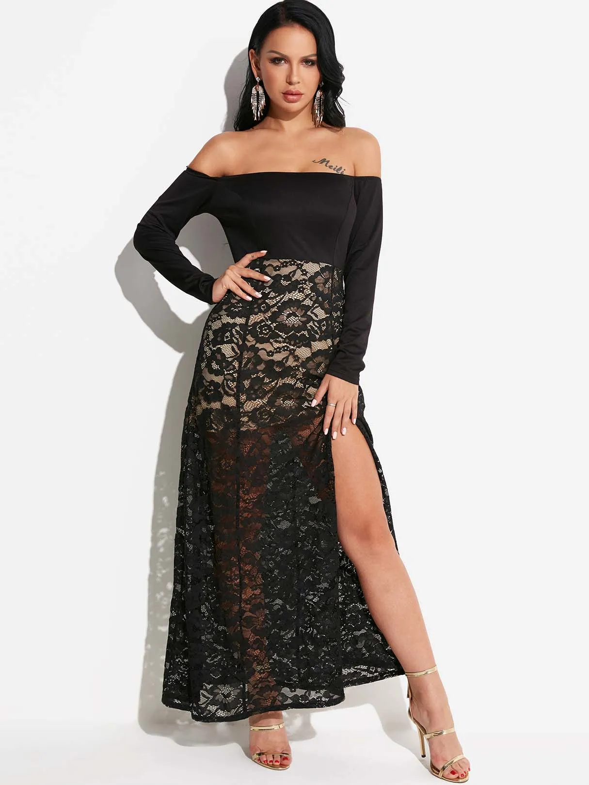 Wholesale Black Off The Shoulder Long Sleeve Lace Backless Slit See Through Dresses