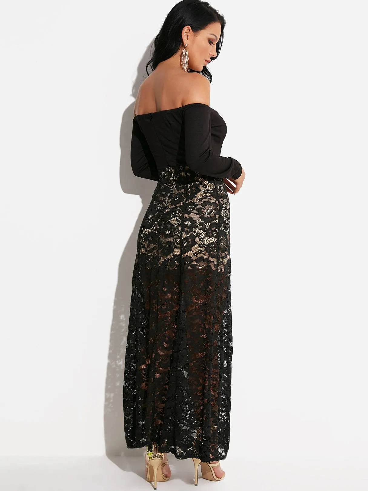 Wholesale Black Off The Shoulder Long Sleeve Lace Backless Slit See Through Dresses