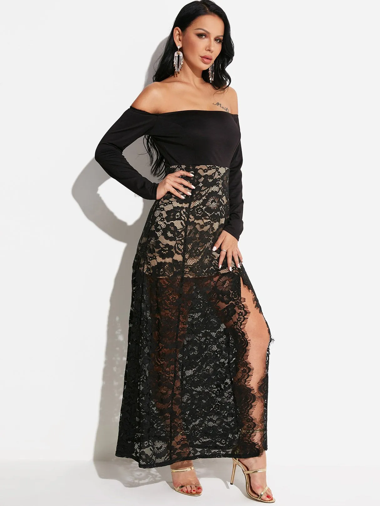 Wholesale Black Off The Shoulder Long Sleeve Lace Backless Slit See Through Dresses