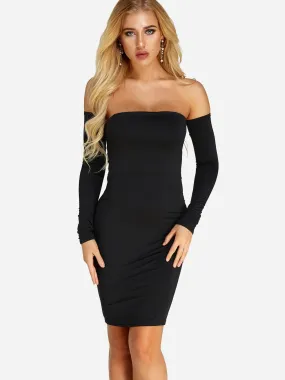 Wholesale Black Off The Shoulder Long Sleeve Plain Backless Dresses