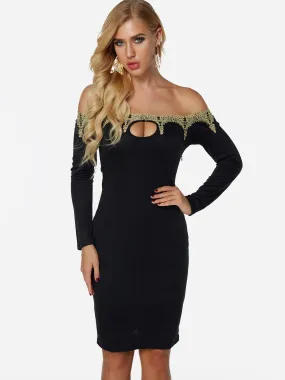 Wholesale Black Off The Shoulder Long Sleeve Plain Crochet Lace Embellished Cut Out Dresses