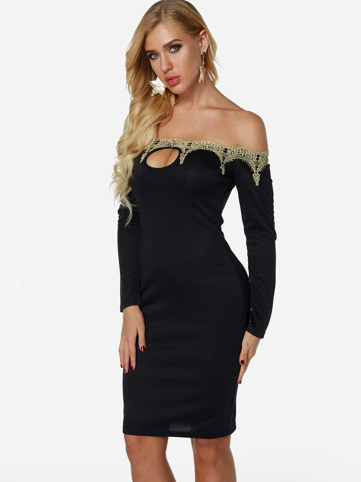 Wholesale Black Off The Shoulder Long Sleeve Plain Crochet Lace Embellished Cut Out Dresses