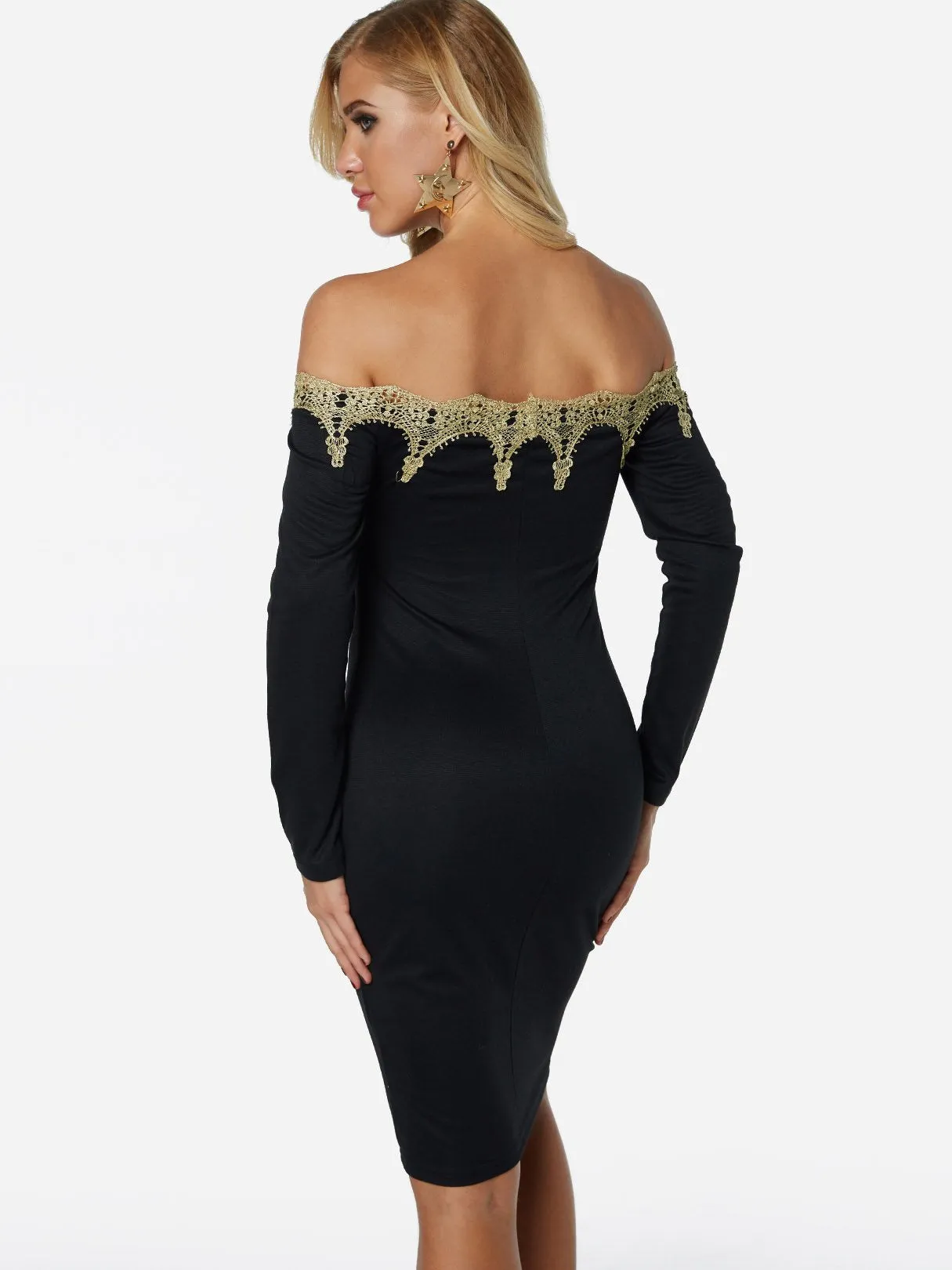 Wholesale Black Off The Shoulder Long Sleeve Plain Crochet Lace Embellished Cut Out Dresses