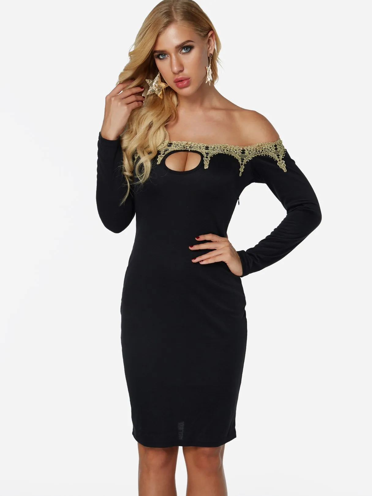 Wholesale Black Off The Shoulder Long Sleeve Plain Crochet Lace Embellished Cut Out Dresses