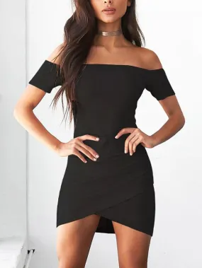 Wholesale Black Off The Shoulder Short Sleeve Crossed Front Zip Back Irregular Hem High-Waisted Dress