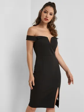 Wholesale Black Off The Shoulder Slit Hem Dresses