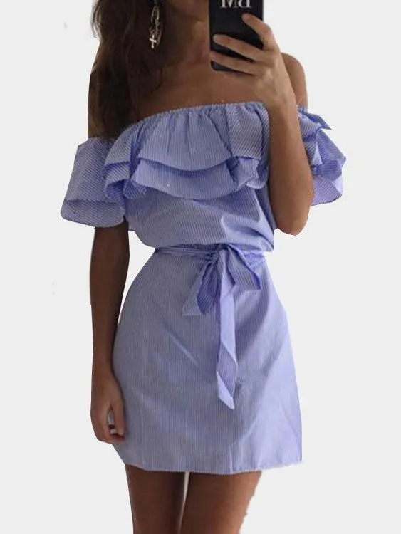 Wholesale Blue Off The Shoulder Short Sleeve Stripe Self-Tie Dresses